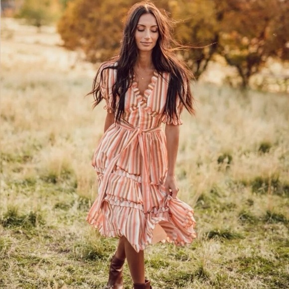 JessaKae Dresses & Skirts - Jessakae Womens XS Traditional Stripe Scalloped Ruffle Midi Dress New Orange
